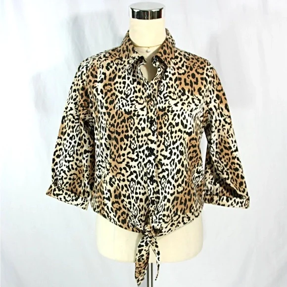 Chicos blouse leopard cheetah animal print no iron Tie front button size 1 M 8 - Picture 1 of 12
